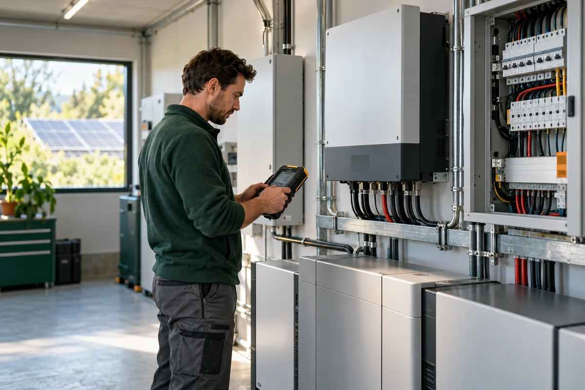 Hình minh họa kỹ thuật viên kiểm tra inverter và tủ điện của hệ thống Solar